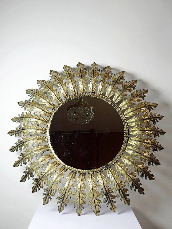 Large Italian sunburst wall mirror in gilded metal, 1960s-70s. – Vintage, Cork (photo 16 of 16)