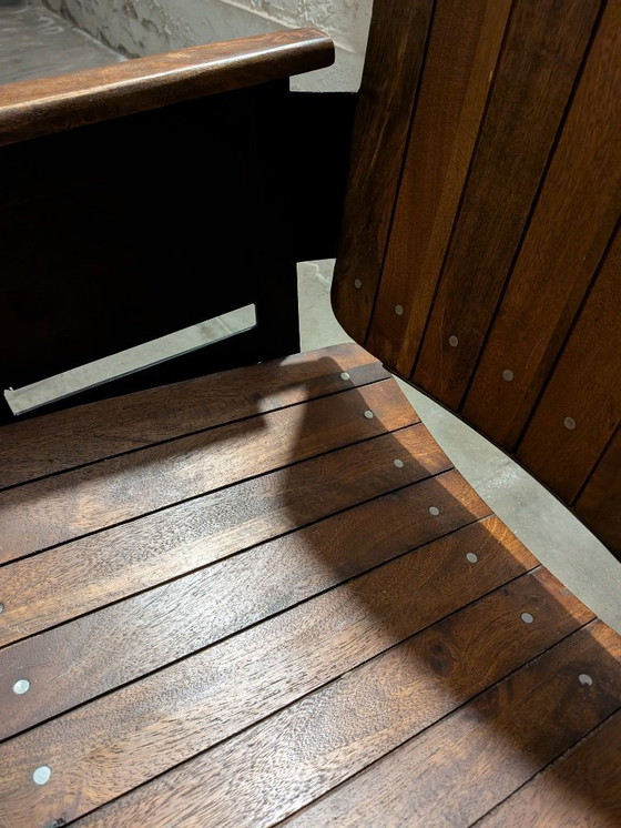 Image 1 of Banquette Vintage Chaise Double / Pair Of Wooden Joined & Fixed Theatre / Cinema Seats On Black Metal Frame