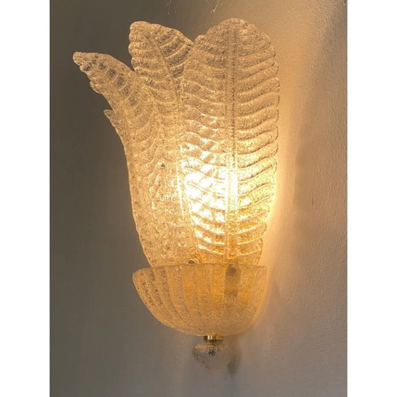Image 1 of Moderne venezianische Wandleuchten aus transparentem Graniglia-Muranoglas in Blattform – 2er-Set