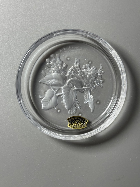 Image 1 of Coffret de 6 sous-verres en cristal Val Saint Lambert « Fleurs » – Motifs floraux – Style années 1950 – En boîte
