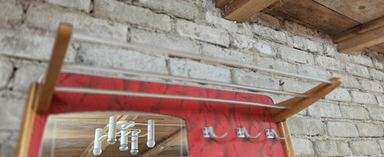 Image 1 of Vintage 1950s/60s Wall-Mounted Coat Rack – Red and Wood Rockabilly Design Cloakroom