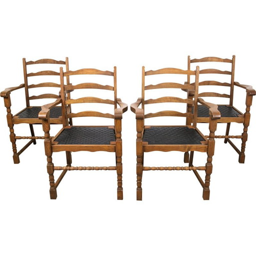 Set di 4 poltrone vintage in rovere con similpelle a righe
