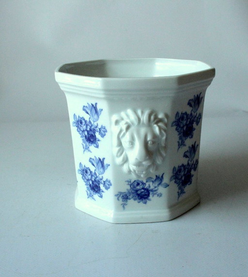 Vaso da fiori in ceramica, blu e bianco con testa di leone - vintage