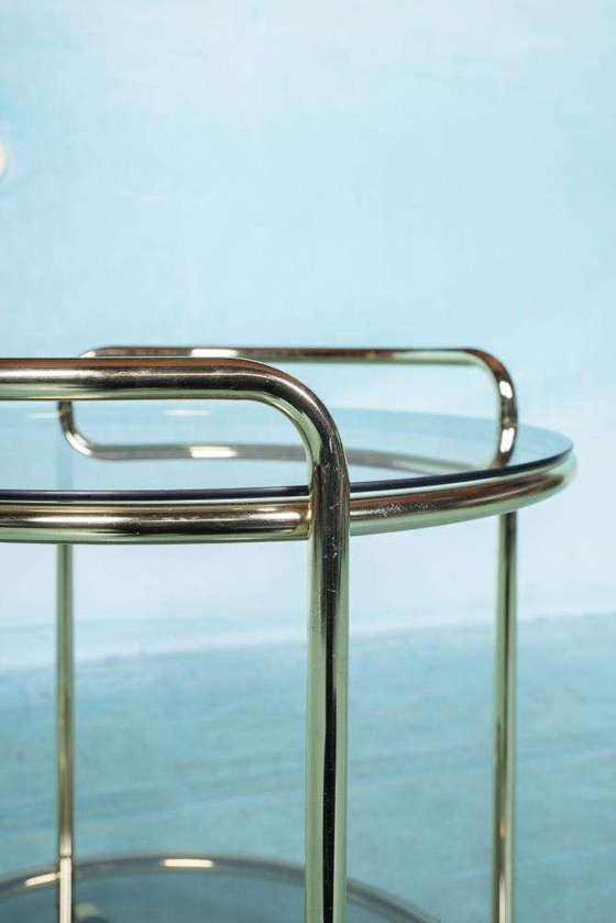 Image 1 of Vintage trolley brass & smoked glass Space age bar cart brass