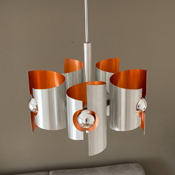 Polam Bielsko Chandelier. 1970. Space Age. Brushed Stainless Steel. – Metal (photo 5 of 7)