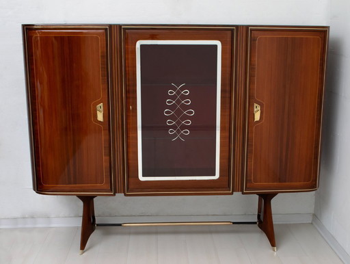Attributed Gio Ponti Mid-Century Italian Mahogany and Brass Bar Cabinet, 1950s