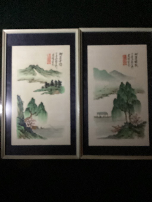 Set de 2 pinturas de paisaje Shan Shui chinas originales (Tinta y Acuarela, 2007) del artista Jianzhi.
