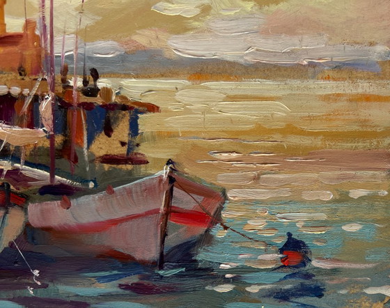 Image 1 of Original Oil Painting Coastal City Landscape The sun is sinking into the sea