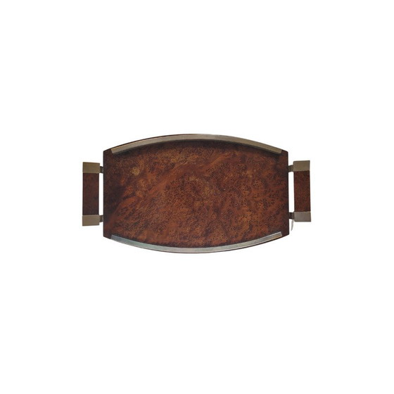Image 1 of Vintage art deco serving tray in root or lupia wood and chrome steel, France 1930