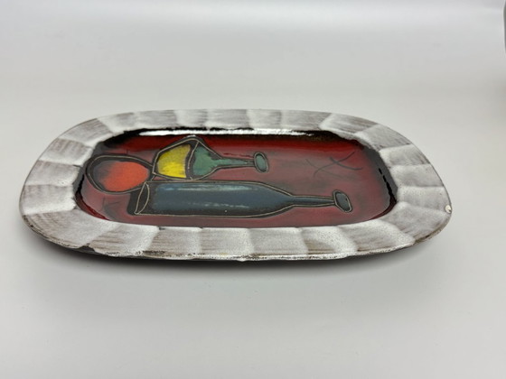 Image 1 of Vintage German Rectangular Enamal Tray with Figurative Wine Bottle and Carafe Motif - Model 342-33. Germany, 1960s. 