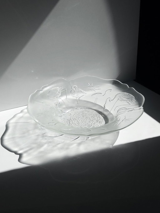 Vintage glazen schaal met flamingo-design, Walther glazen fruitschaal, serveerschaal uit de jaren 80