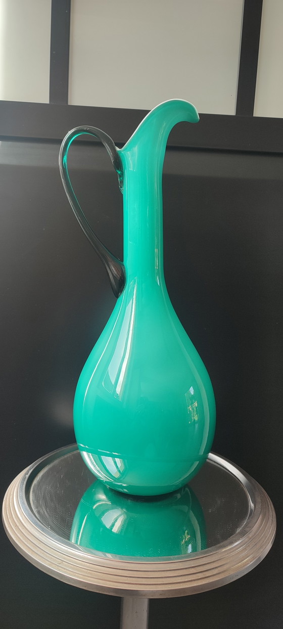 Large Vintage Empoli Double-Sided Glass Vase-Ewer (38 cm) (photo 12 of 15)
