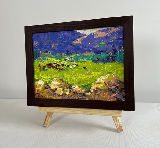 Original Oil Painting Spring Field Landscape In the spring meadows