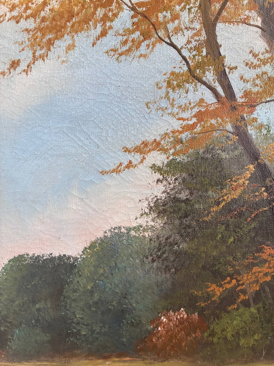 Image 1 of Peinture à l'huile originale vintage représentant un paysage, signée, œuvre d'art de ferme