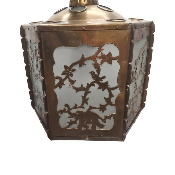 Image 1 of Lampada a sospensione antica in ottone traforato e segato, inizio XX secolo