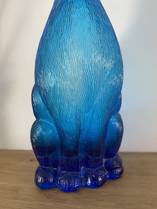Vintage laserblauwe figuurlijke kat Empoli art glazen karaf/fles, Italië