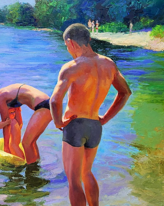 Image 1 of Original Oil Painting Natural Landscape River Happy Summer Childhood
