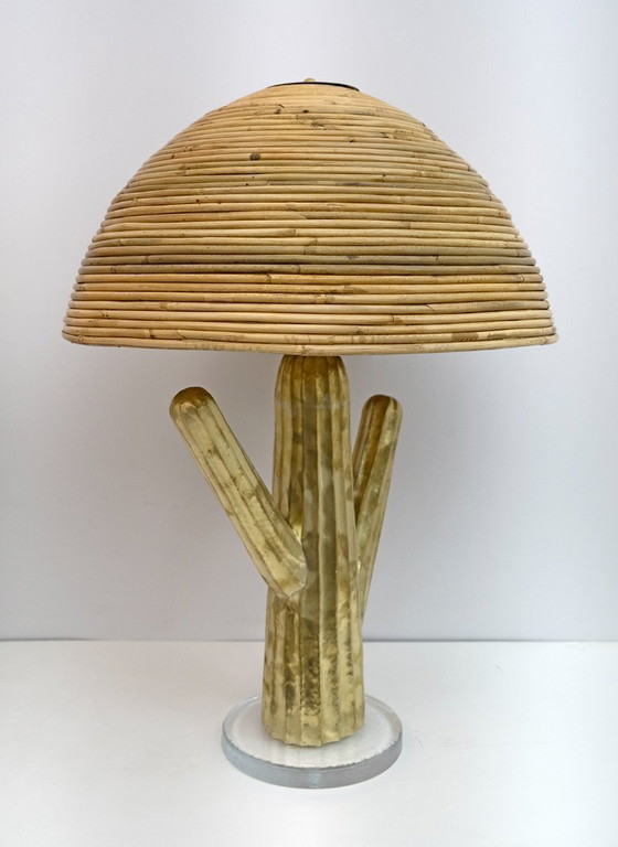 Image 1 of Coppia di lampade Hollywood Regency in rattan e ottone con cactus, Italia, anni '90