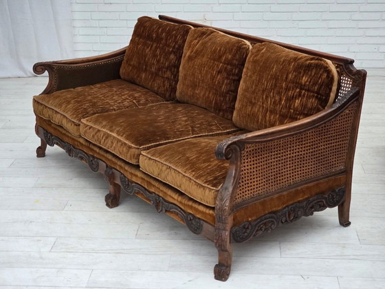 Image 1 of 1930-35s, Danish 3-seater sofa, furniture velour, furniture mesh, carved ash wood.
