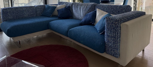 Custom corner sofa with high-end Designers Guild fabric – chaise longue, excellent condition