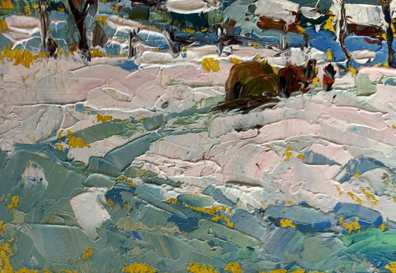 Image 1 of Original Oil Painting Winter Village Landscape Returning home with hay