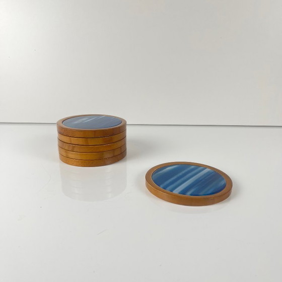 Image 1 of Set of 6 coasters in blue agate and wood, Midcentury modern