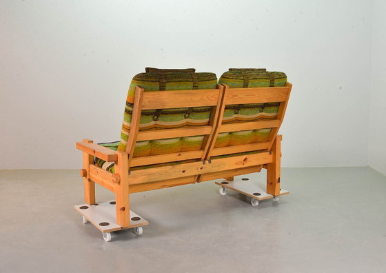 Image 1 of Yngve Ekstrom Mid-Century Scandinavian Design 2-Seat ‘Dymling’ Sofa in Pinewood and Rainbow Fabric for Swedese. Sweden, 1970s.