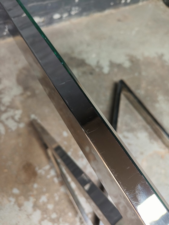 Tavolo quadrato danese dal design postmoderno in cromo e vetro, nello stile di Gebra. – Tavolini, Glass (photo 11 of 15)