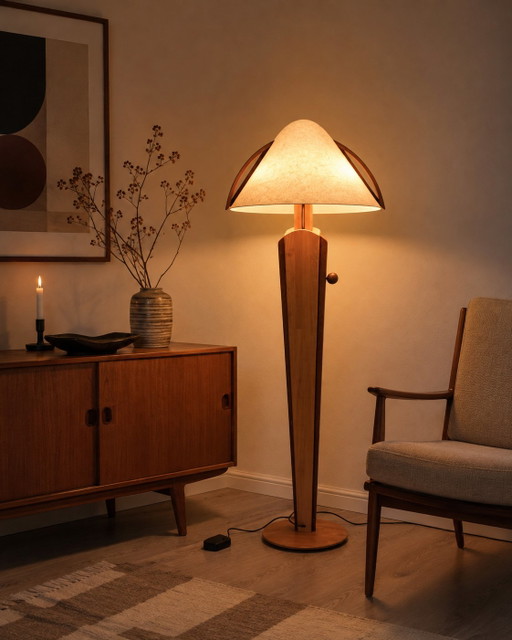 DOMUS 6306 Vintage houten vloerlamp – in hoogte verstelbaar – met voetdimmer – Duits design – vloerlampen (photo 2 of 15)