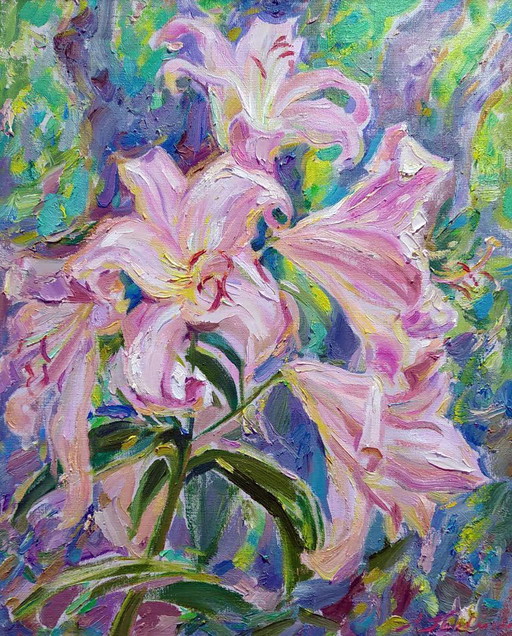 Origineel olieverfschilderij Zomernatuur Bloem Roze Lelies