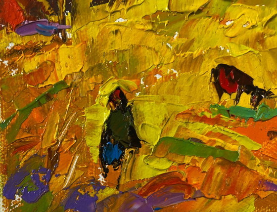 Image 1 of Original Oil Painting Evening Field Landscape Autumn and the last singing of birds