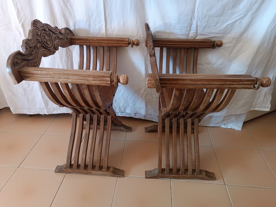 Pair of Savonarola chairs 50s (Italy), Folding chairs, Wood, Brown, Barok (photo 12 of 15)