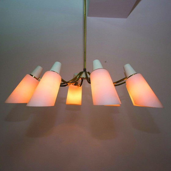 Image 1 of Vintage Sputnik chandelier with 8 opaline shades by Stilnovo Style, Italy 1950