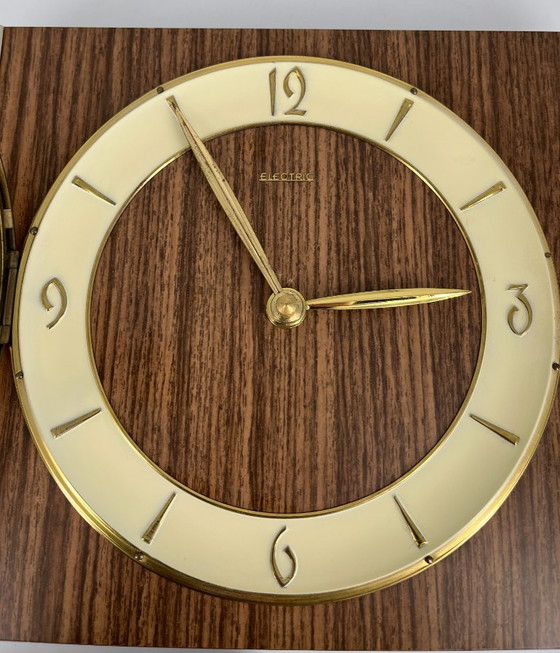 Image 1 of Mid Century Wall / Mantel Clock – Junghans Quartz W756 – Wood & Brass