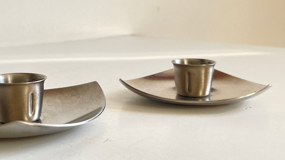 Image 1 of Vintage brushed metal geometric candlesticks