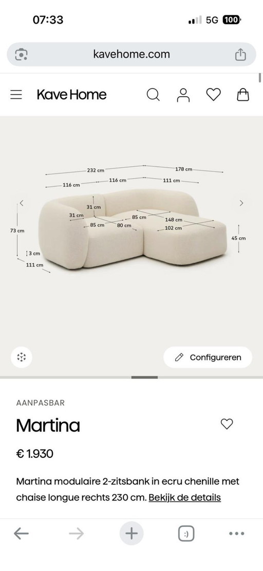 Kave Home Martina modular sofa with chaise longue – ecru chenille