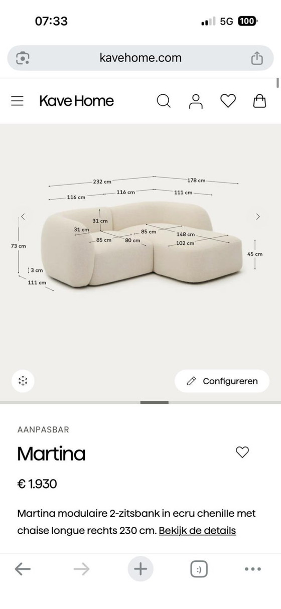Image 1 of Kave Home Martina modular sofa with chaise longue – ecru chenille