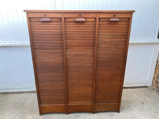 Meuble de métier de rangement classeur à rideaux triple colonne en chêne 1950