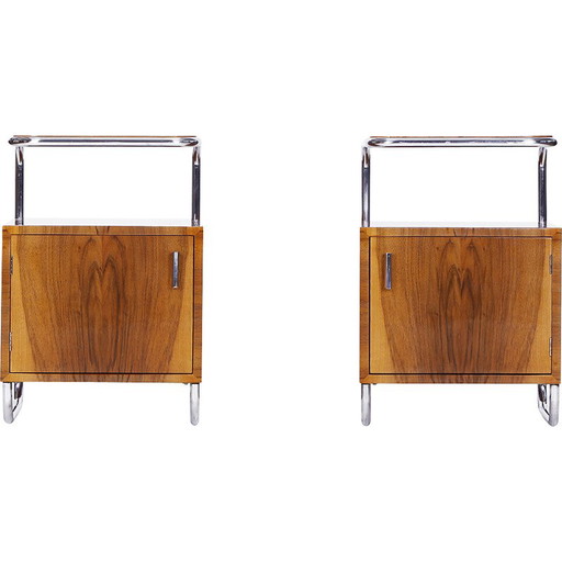 Paire de tables de nuit Art Déco en noyer plaqué et chrome par Vichr