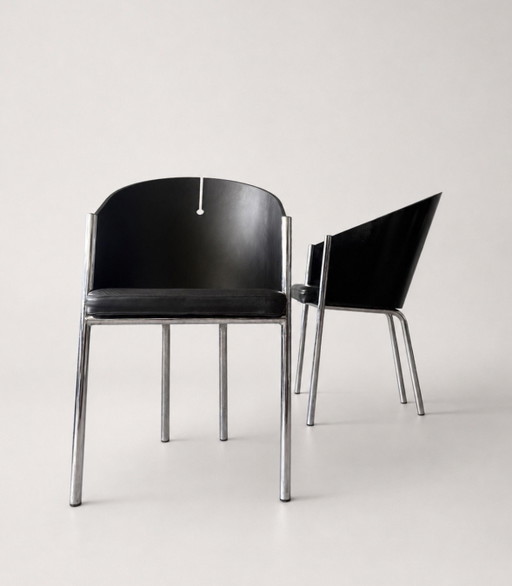 4 vintage Italiaanse designstoelen van Segis – Italië, ca. jaren 80 – eetkamerstoelen, Chrome, Leather