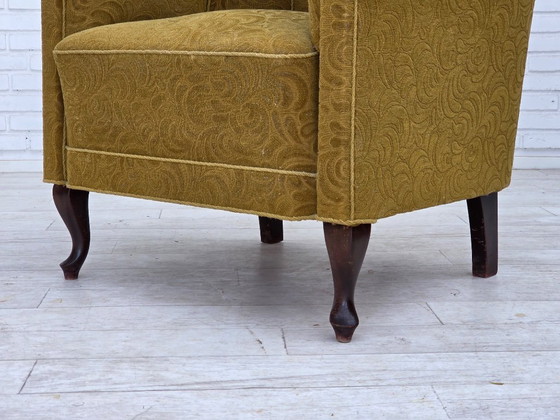Image 1 of Fauteuil relax danois des années 1950, laine d'ameublement vert clair, bois de chêne.