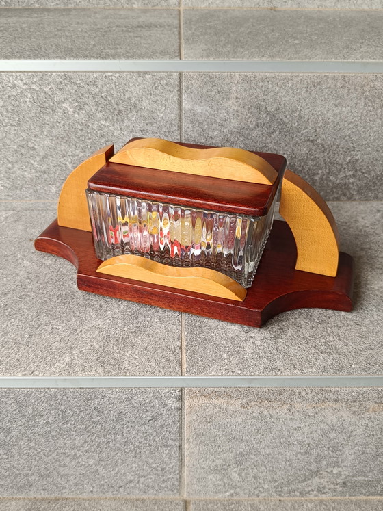 Image 1 of Scatola in legno in stile Art Déco con inserto in vetro, porta caramelle o portagioie di metà secolo.