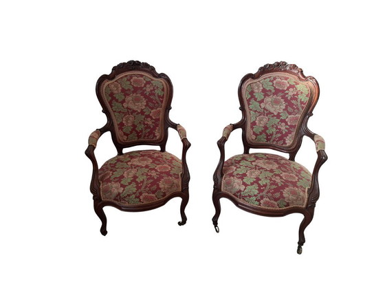 Image 1 of Pair of Vintage Armchairs - Louis XV Style (1960s) in Fine Cherry