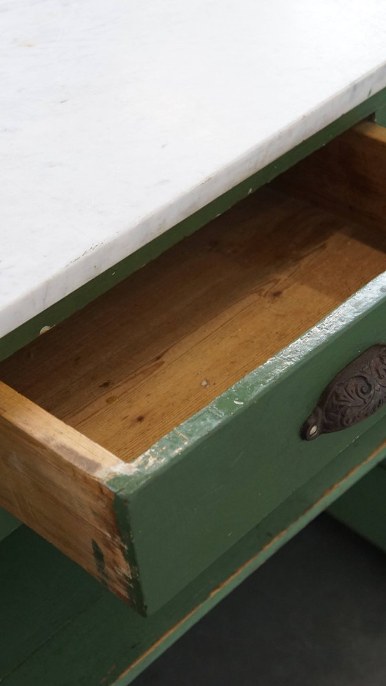 Image 1 of Antico bancone/comò verde della fine del XIX/inizio del XX secolo con piano in marmo