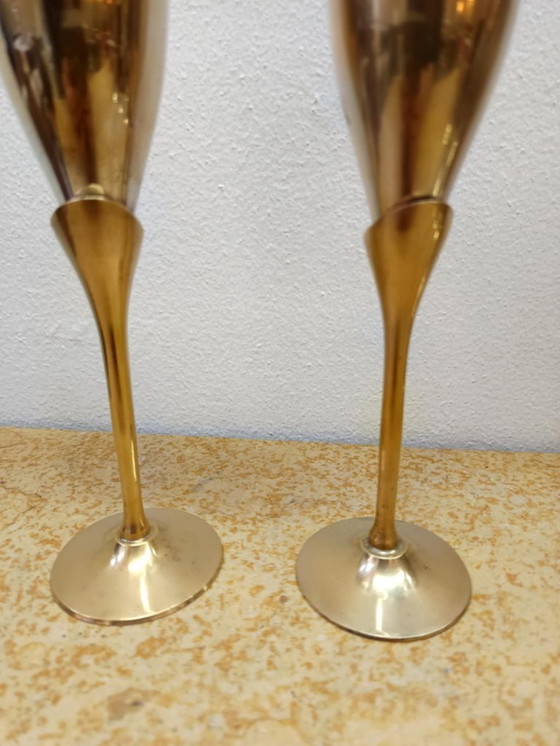 Image 1 of 8 champagneglazen van metaal en messing in Hollywood Regency-stijl uit 1970