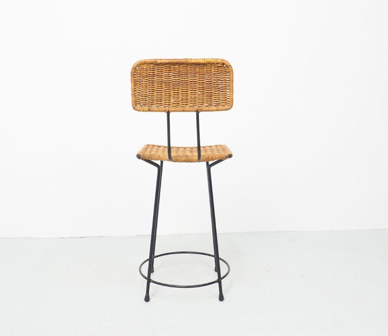 Image 1 of Taburete de bar de ratán de Gian Franco Legler, década de 1950.