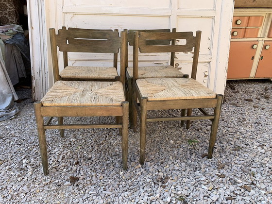 Rustic Wooden Dining Chairs with Straw Seats, 1970s, Set of 4 (photo 2 of 5)