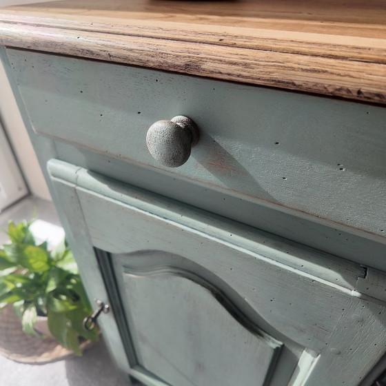 Image 1 of Antique jam cupboard with a sage green patina and solid wood finish