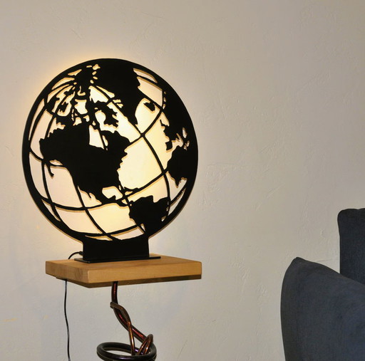 Lampe À Poser Mappemonde, Lampe Décorative En Métal Noir, Handmade