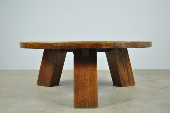 Image 1 of Brutalist Massive Oak Round Coffee Table 1970s